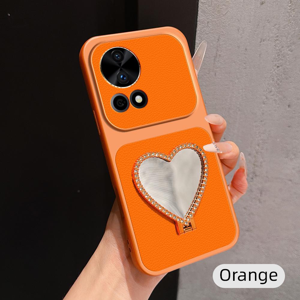 For Huawei nova 12 Pro Lambskin Series Skin Feel Shockproof Phone Case with Heart Mirror Holder(Orange)