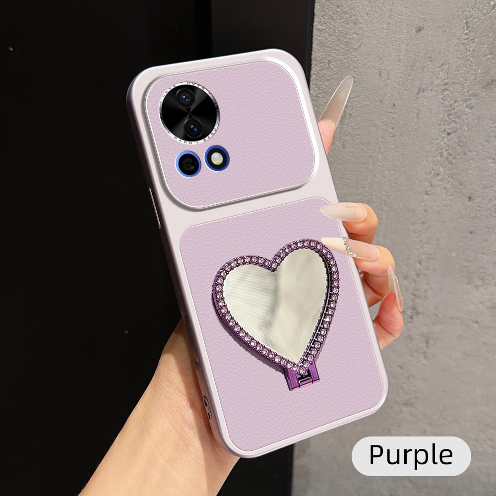 For Huawei nova 12 Lambskin Series Skin Feel Shockproof Phone Case with Heart Mirror Holder(Purple)