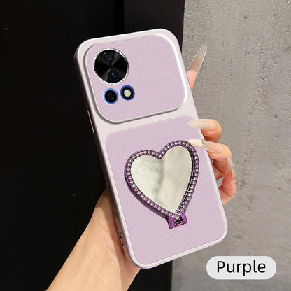 For Huawei nova 12 Lambskin Series Skin Feel Shockproof Phone Case with Heart Mirror Holder(Purple)
