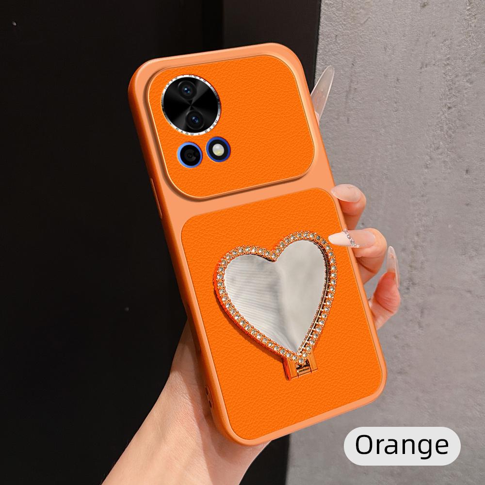 For Huawei nova 12 Lambskin Series Skin Feel Shockproof Phone Case with Heart Mirror Holder(Orange)