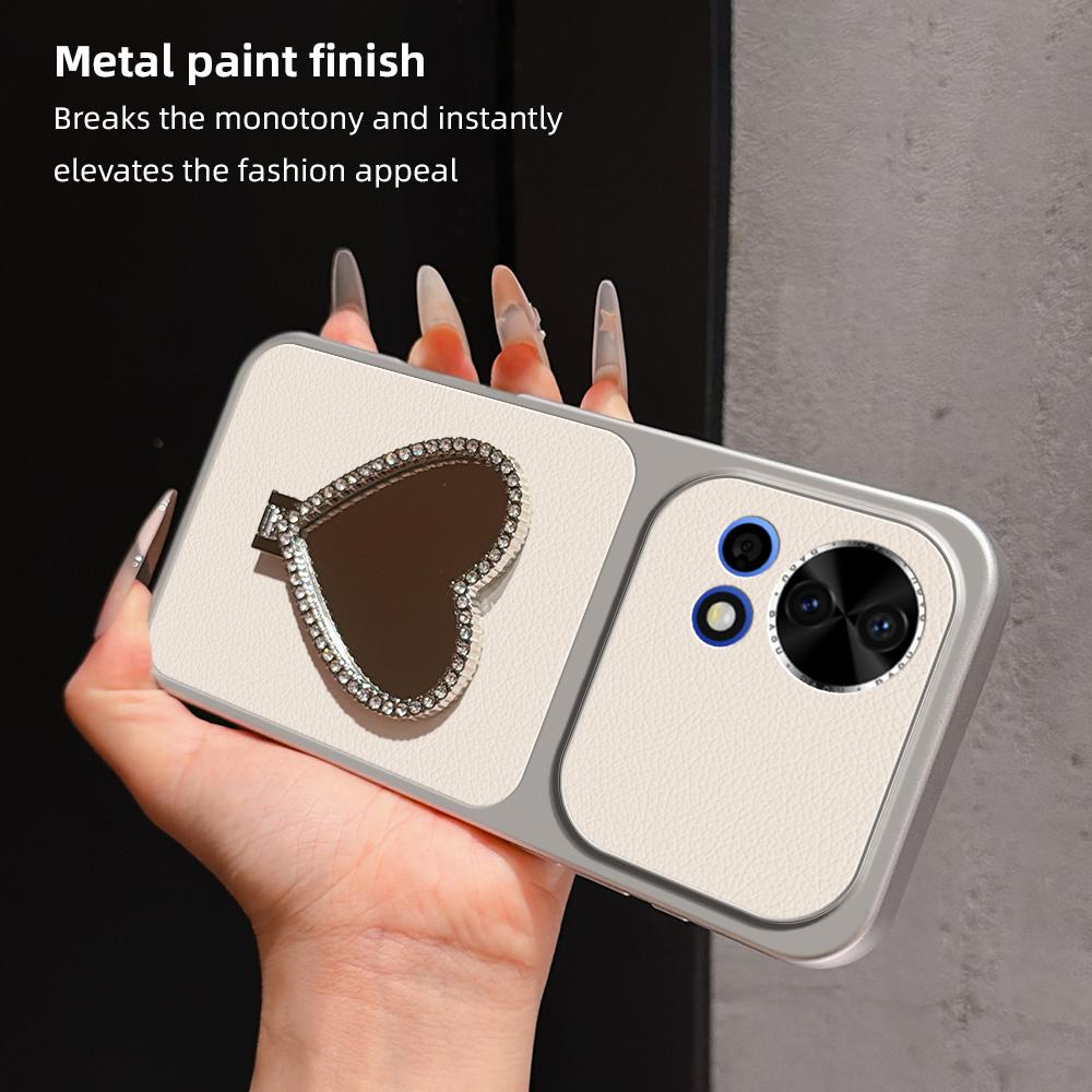 For Huawei nova 12 Lambskin Series Skin Feel Shockproof Phone Case with Heart Mirror Holder(Orange)