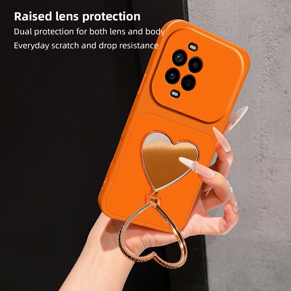 For Huawei nova 13 Pro Lambskin Series Skin Feel Shockproof Phone Case with Heart Mirror Holder(Orange)