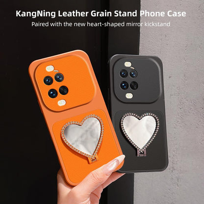 For Huawei nova 14 Ultra Lambskin Series Skin Feel Shockproof Phone Case with Heart Mirror Holder(Orange)