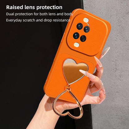 For Huawei nova 14 Ultra Lambskin Series Skin Feel Shockproof Phone Case with Heart Mirror Holder(Orange)