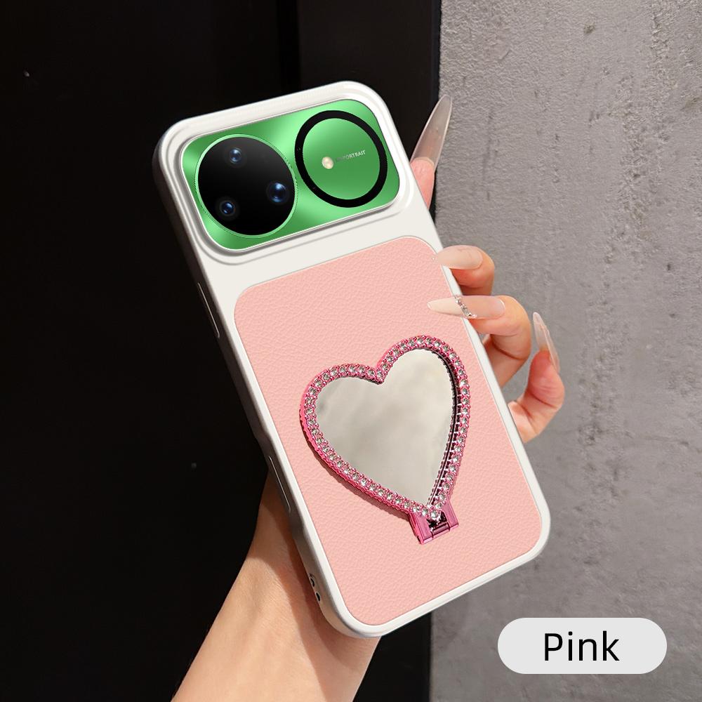 For Huawei nova 15 Ultra Lambskin Series Skin Feel Shockproof Phone Case with Heart Mirror Holder - Pink - EDA009994319A