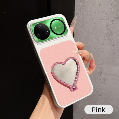 For Huawei nova 15 Ultra Lambskin Series Skin Feel Shockproof Phone Case with Heart Mirror Holder - Pink - EDA009994319A
