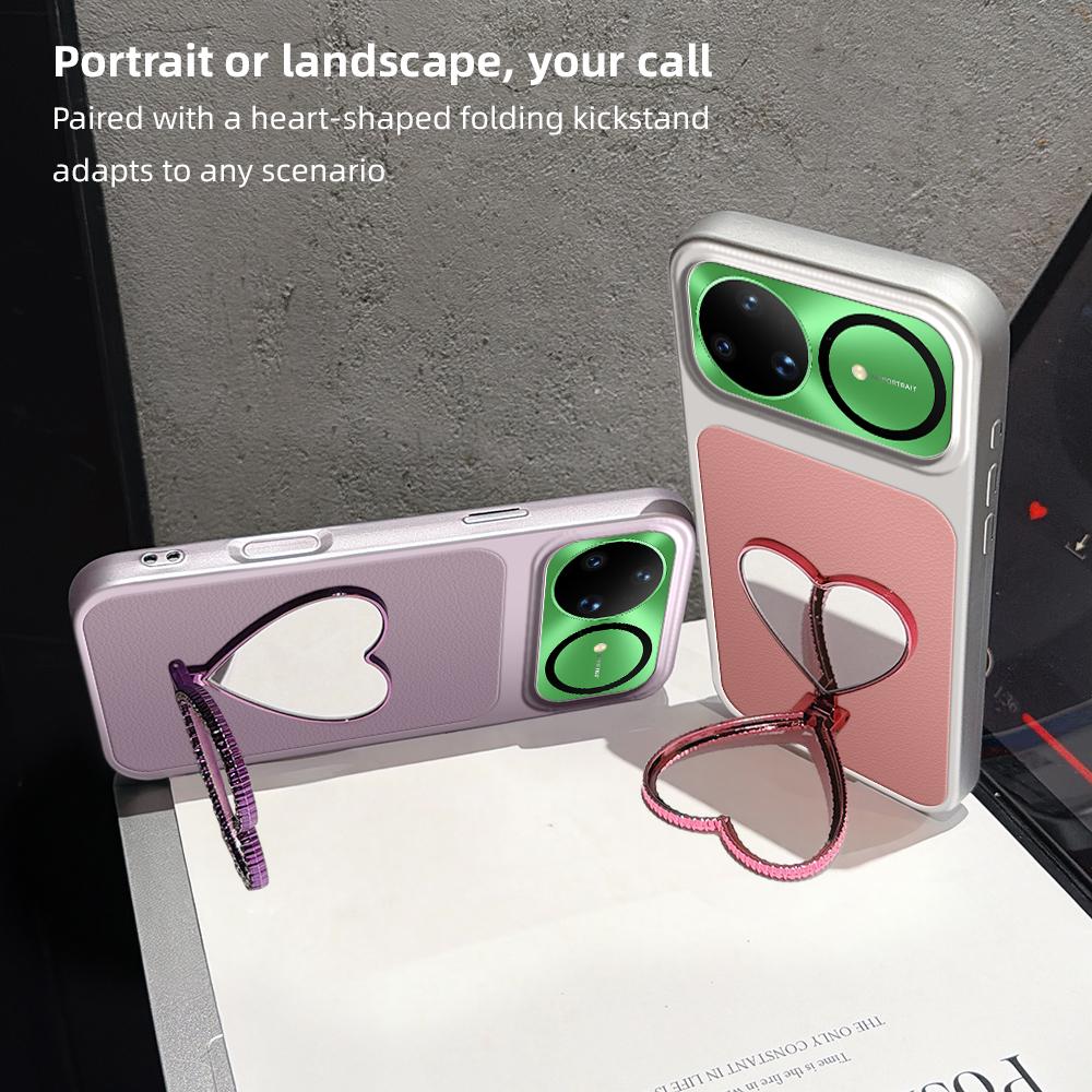 For Huawei nova 15 Ultra Lambskin Series Skin Feel Shockproof Phone Case with Heart Mirror Holder - Pink - EDA009994319A