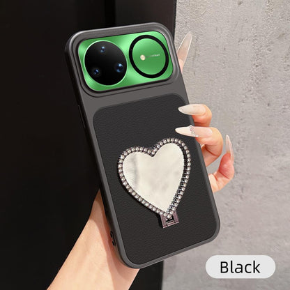 For Huawei nova 15 Ultra Lambskin Series Skin Feel Shockproof Phone Case with Heart Mirror Holder - Black - EDA009994319C