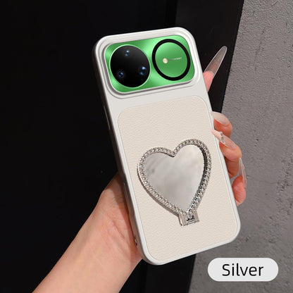 For Huawei nova 15 Ultra Lambskin Series Skin Feel Shockproof Phone Case with Heart Mirror Holder - Silver - EDA009994319D