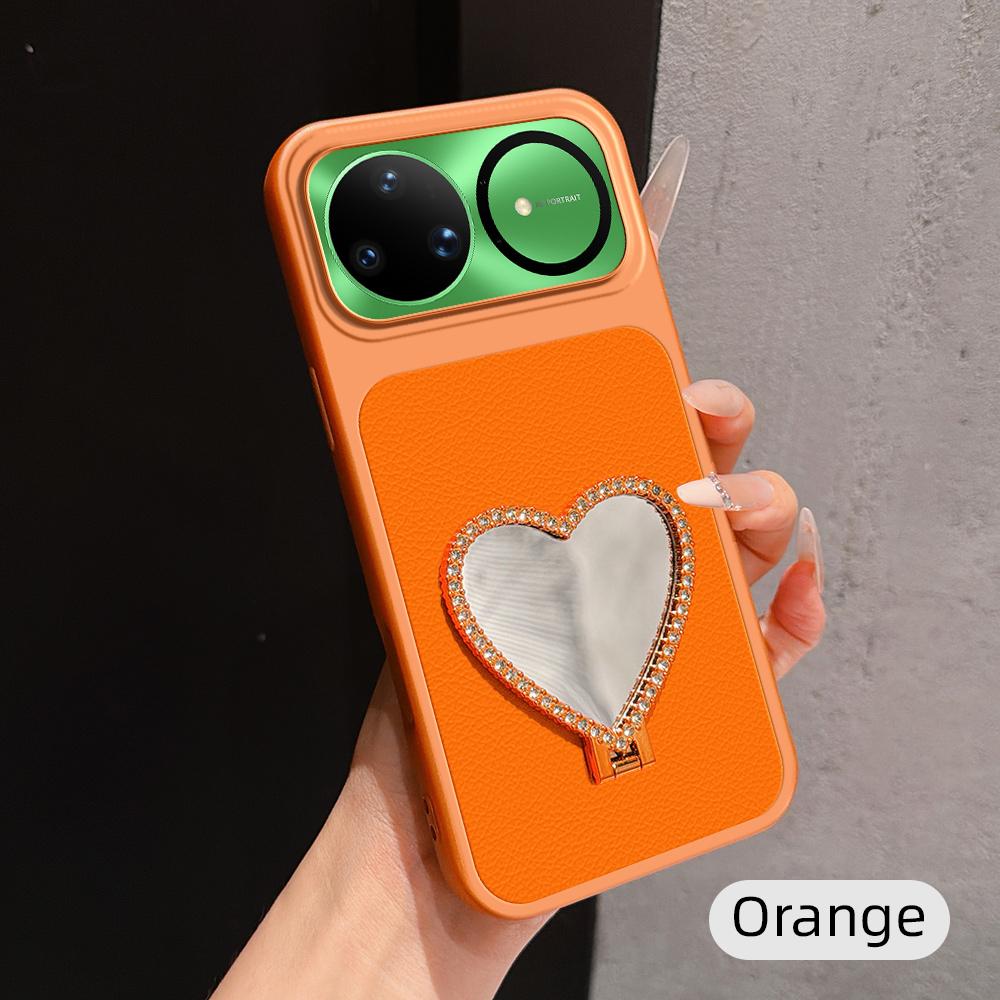 For Huawei nova 15 Ultra Lambskin Series Skin Feel Shockproof Phone Case with Heart Mirror Holder - Orange - EDA009994319E