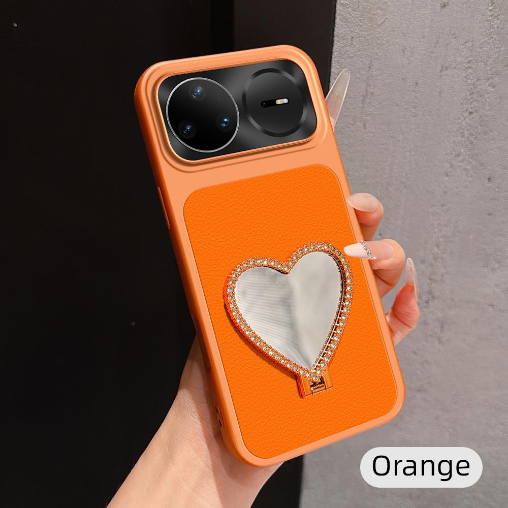 For Huawei nova 15 Pro Lambskin Series Skin Feel Shockproof Phone Case with Heart Mirror Holder - Orange - EDA009994320E