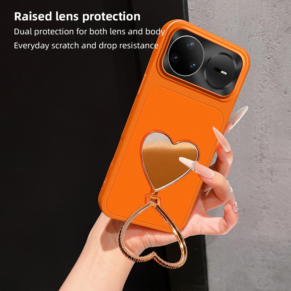 For Huawei nova 15 Pro Lambskin Series Skin Feel Shockproof Phone Case with Heart Mirror Holder - Orange - EDA009994320E