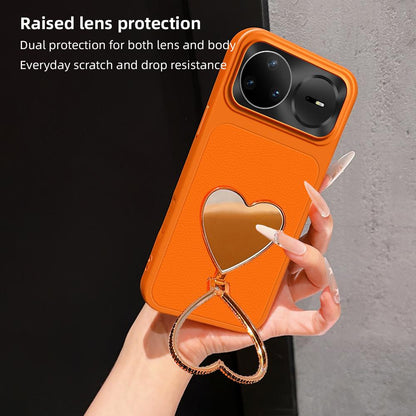 For Huawei nova 15 Pro Lambskin Series Skin Feel Shockproof Phone Case with Heart Mirror Holder - Orange - EDA009994320E