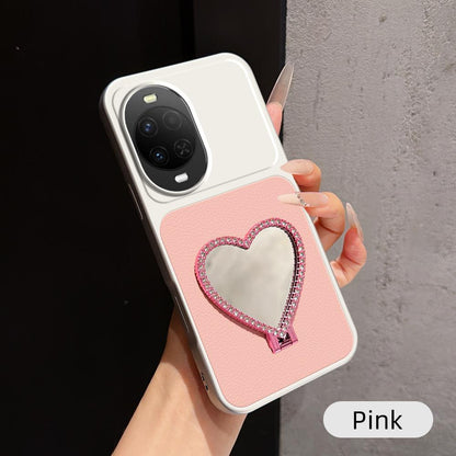 For Huawei nova 15 Lambskin Series Skin Feel Shockproof Phone Case with Heart Mirror Holder - Pink - EDA009994321A