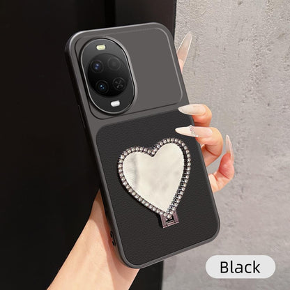 For Huawei nova 15 Lambskin Series Skin Feel Shockproof Phone Case with Heart Mirror Holder - Black - EDA009994321C