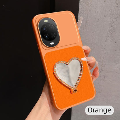 For Huawei nova 15 Lambskin Series Skin Feel Shockproof Phone Case with Heart Mirror Holder - Orange - EDA009994321E