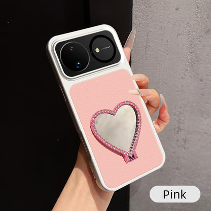 For Huawei nova 16 Lambskin Series Skin Feel Shockproof Phone Case with Heart Mirror Holder - Pink - EDA009994322A