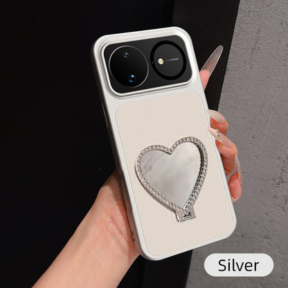 For Huawei nova 16 Lambskin Series Skin Feel Shockproof Phone Case with Heart Mirror Holder - Silver - EDA009994322D