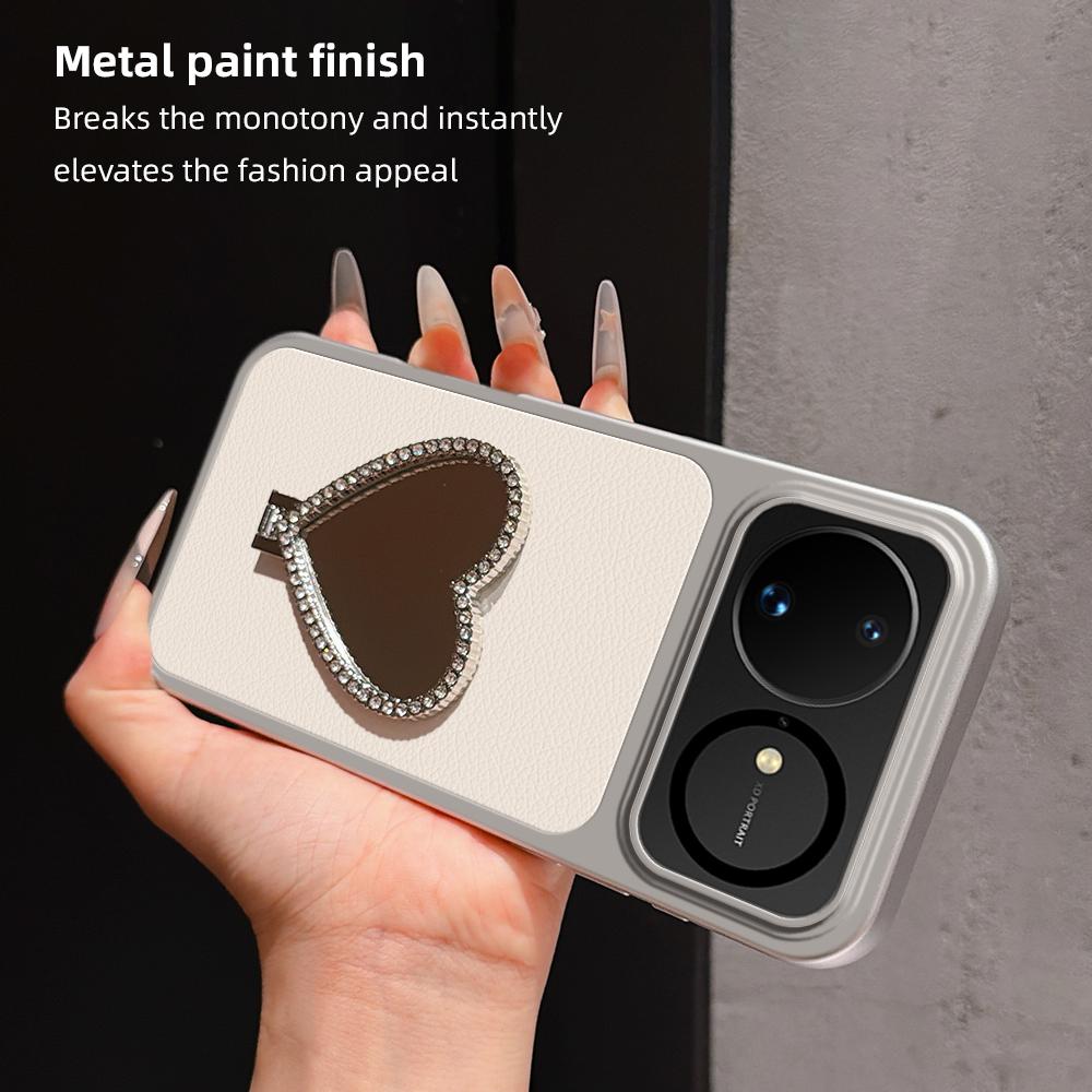For Huawei nova 16 Lambskin Series Skin Feel Shockproof Phone Case with Heart Mirror Holder - Silver - EDA009994322D