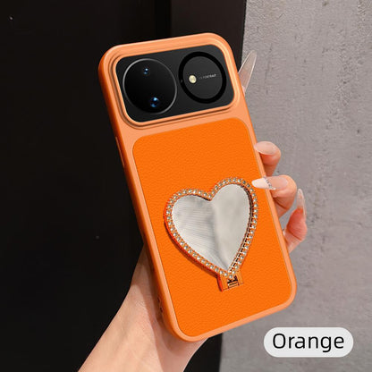 For Huawei nova 16 Lambskin Series Skin Feel Shockproof Phone Case with Heart Mirror Holder - Orange - EDA009994322E