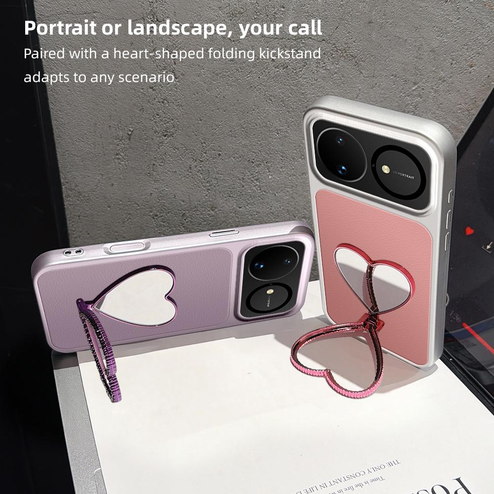For Huawei nova 16 Lambskin Series Skin Feel Shockproof Phone Case with Heart Mirror Holder - Orange - EDA009994322E