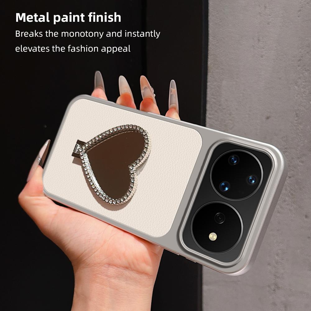 For Huawei nova 16 Pro Lambskin Series Skin Feel Shockproof Phone Case with Heart Mirror Holder - Silver - EDA009994323D