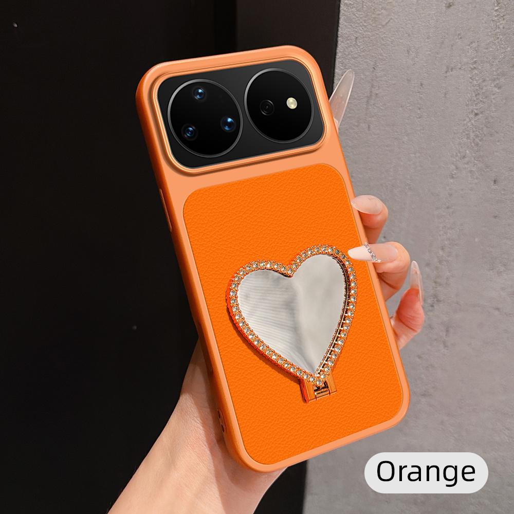 For Huawei nova 16 Pro Lambskin Series Skin Feel Shockproof Phone Case with Heart Mirror Holder - Orange - EDA009994323E