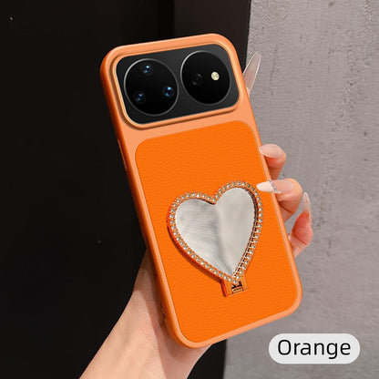 For Huawei nova 16 Pro Lambskin Series Skin Feel Shockproof Phone Case with Heart Mirror Holder - Orange - EDA009994323E