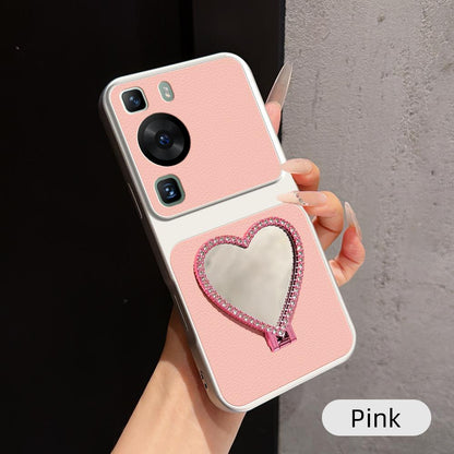 For Huawei P60 Lambskin Series Skin Feel Shockproof Phone Case with Heart Mirror Holder(Pink)