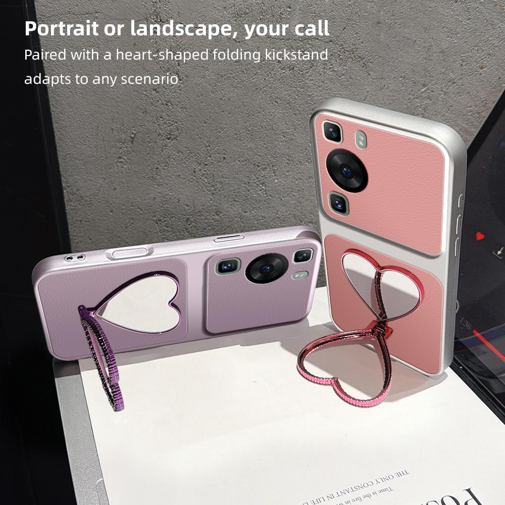 For Huawei P60 Lambskin Series Skin Feel Shockproof Phone Case with Heart Mirror Holder(Purple)