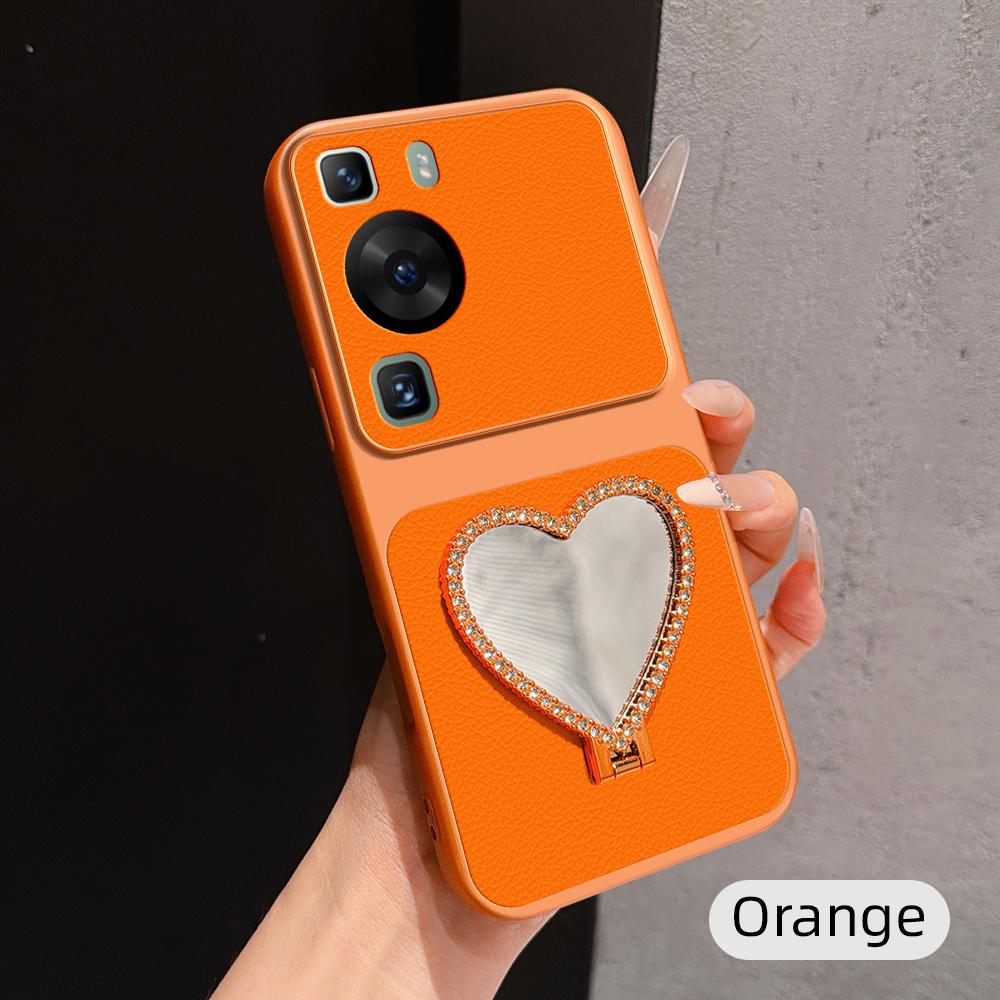For Huawei P60 Lambskin Series Skin Feel Shockproof Phone Case with Heart Mirror Holder(Orange)