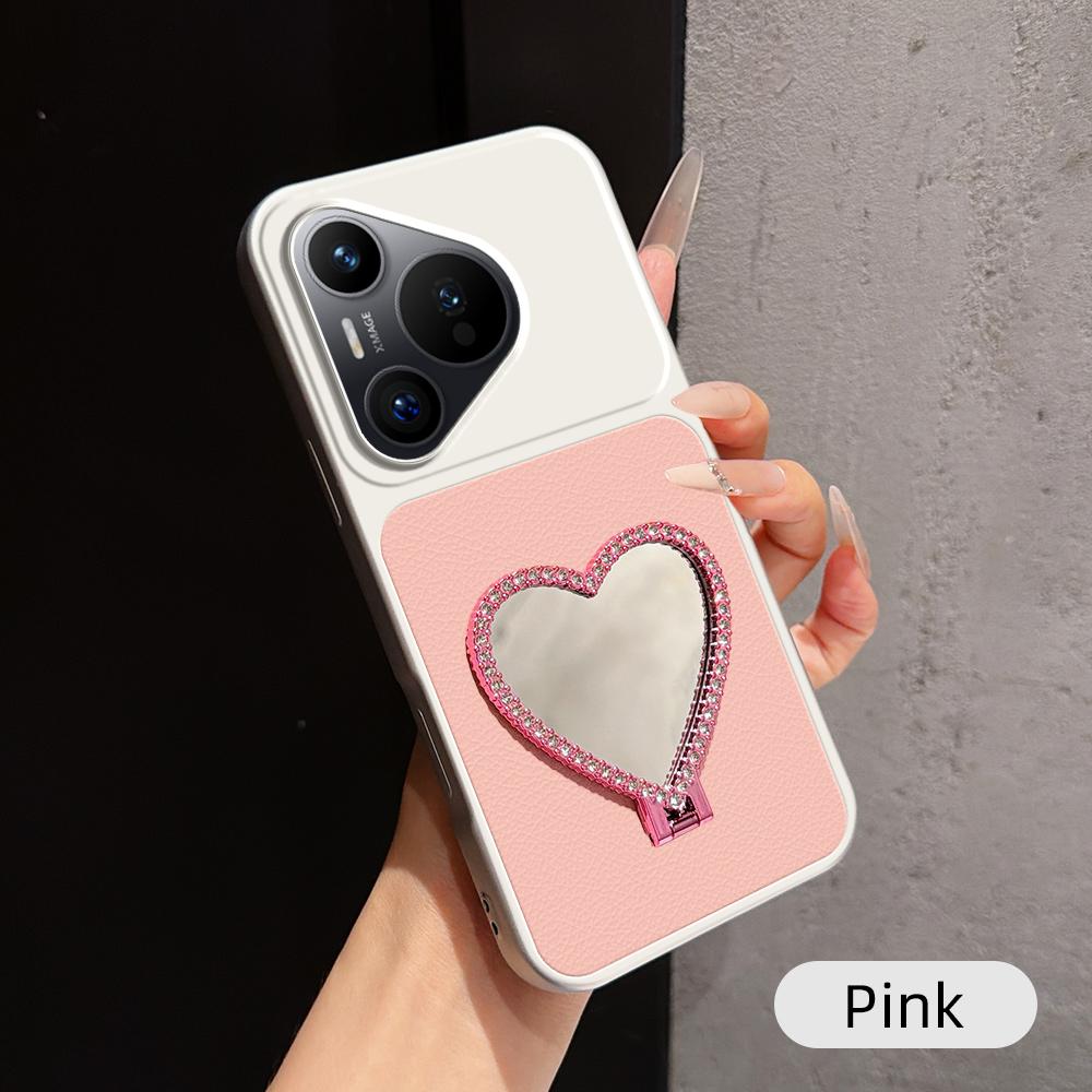 For Huawei Pura 70 Lambskin Series Skin Feel Shockproof Phone Case with Heart Mirror Holder(Pink)