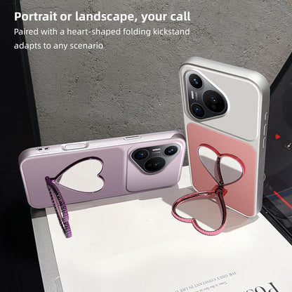 For Huawei Pura 70 Lambskin Series Skin Feel Shockproof Phone Case with Heart Mirror Holder(Pink)