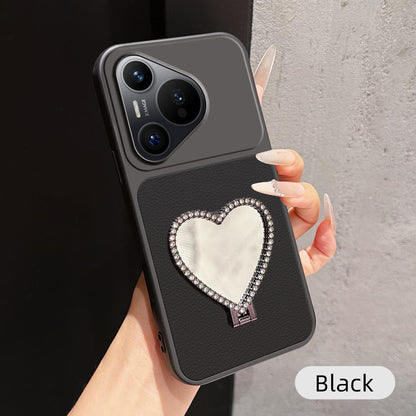 For Huawei Pura 70 Lambskin Series Skin Feel Shockproof Phone Case with Heart Mirror Holder(Black)