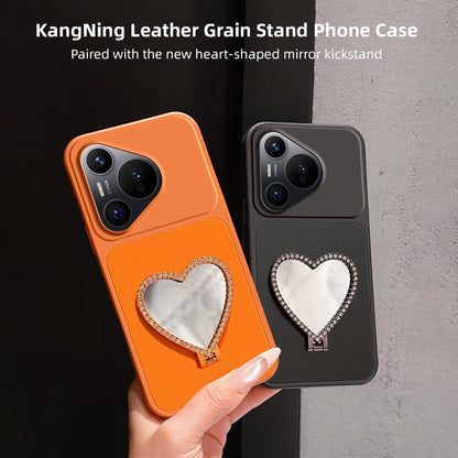 For Huawei Pura 70 Lambskin Series Skin Feel Shockproof Phone Case with Heart Mirror Holder(Silver)