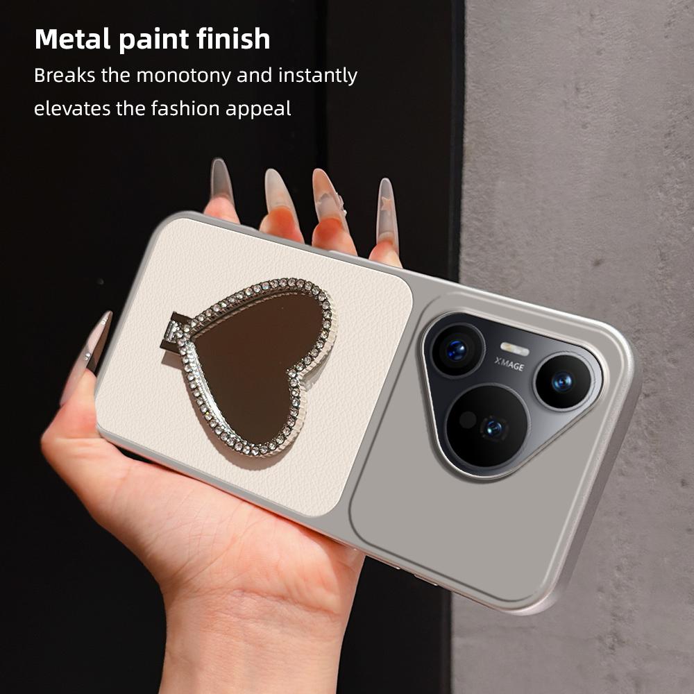 For Huawei Pura 70 Lambskin Series Skin Feel Shockproof Phone Case with Heart Mirror Holder(Orange)