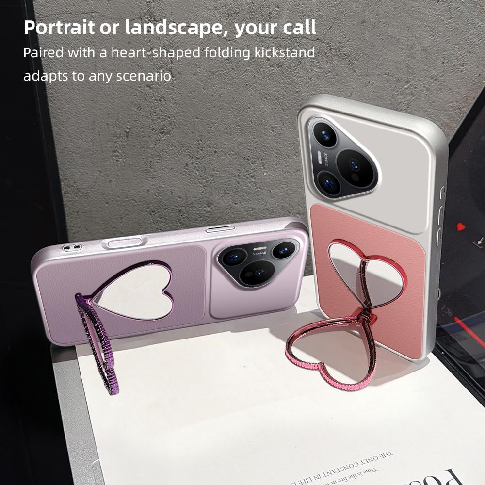 For Huawei Pura 70 Lambskin Series Skin Feel Shockproof Phone Case with Heart Mirror Holder(Orange)