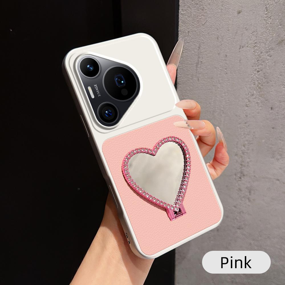 For Huawei Pura 70 Pro Lambskin Series Skin Feel Shockproof Phone Case with Heart Mirror Holder(Pink)