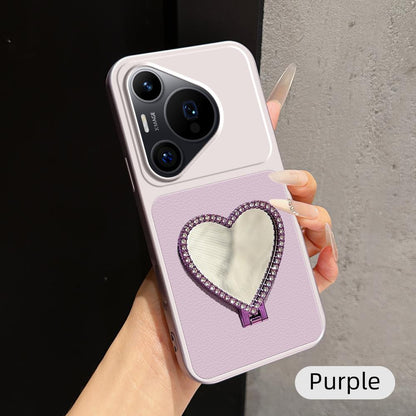 For Huawei Pura 70 Pro Lambskin Series Skin Feel Shockproof Phone Case with Heart Mirror Holder(Purple)