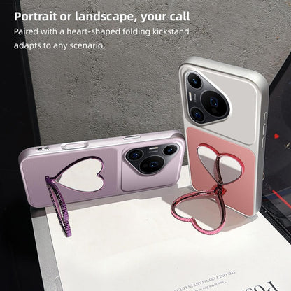 For Huawei Pura 70 Pro Lambskin Series Skin Feel Shockproof Phone Case with Heart Mirror Holder(Purple)