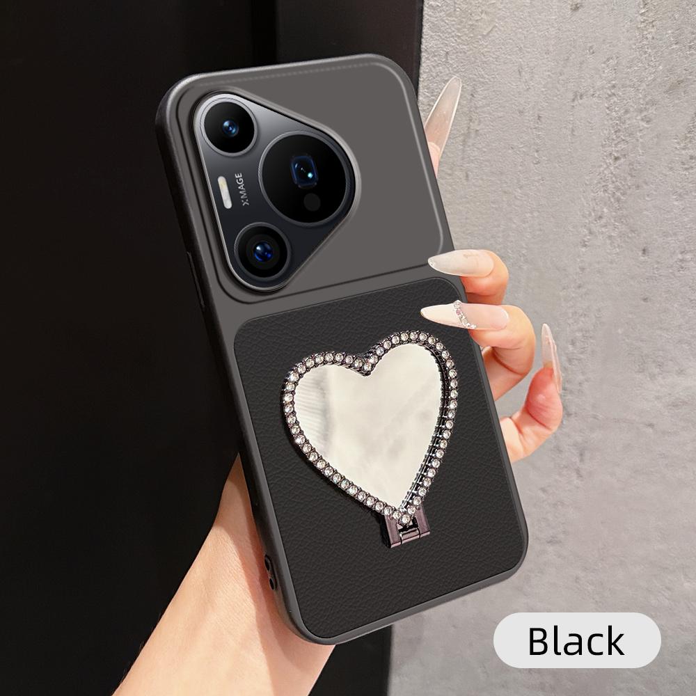 For Huawei Pura 70 Pro Lambskin Series Skin Feel Shockproof Phone Case with Heart Mirror Holder(Black)