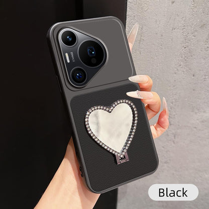 For Huawei Pura 70 Pro Lambskin Series Skin Feel Shockproof Phone Case with Heart Mirror Holder(Black)