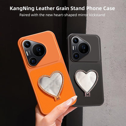 For Huawei Pura 70 Pro Lambskin Series Skin Feel Shockproof Phone Case with Heart Mirror Holder(Black)