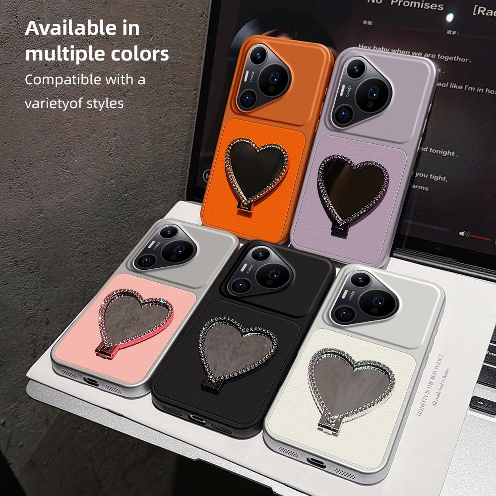 For Huawei Pura 70 Pro Lambskin Series Skin Feel Shockproof Phone Case with Heart Mirror Holder(Black)