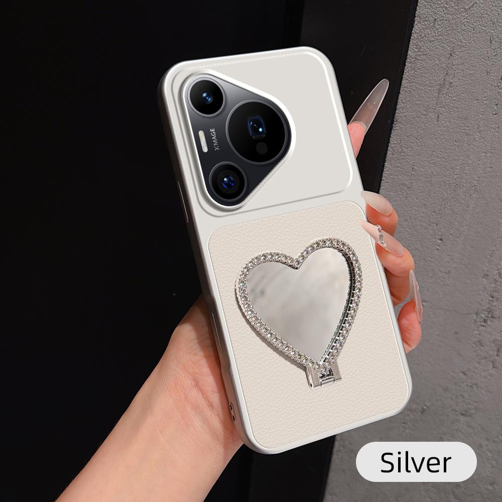 For Huawei Pura 70 Pro Lambskin Series Skin Feel Shockproof Phone Case with Heart Mirror Holder(Silver)