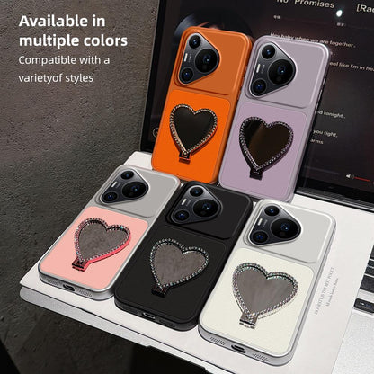 For Huawei Pura 70 Pro Lambskin Series Skin Feel Shockproof Phone Case with Heart Mirror Holder(Silver)