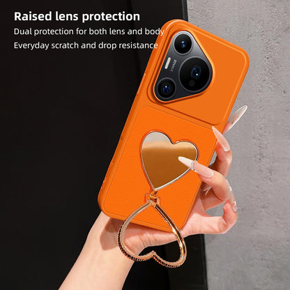 For Huawei Pura 70 Pro Lambskin Series Skin Feel Shockproof Phone Case with Heart Mirror Holder(Orange)
