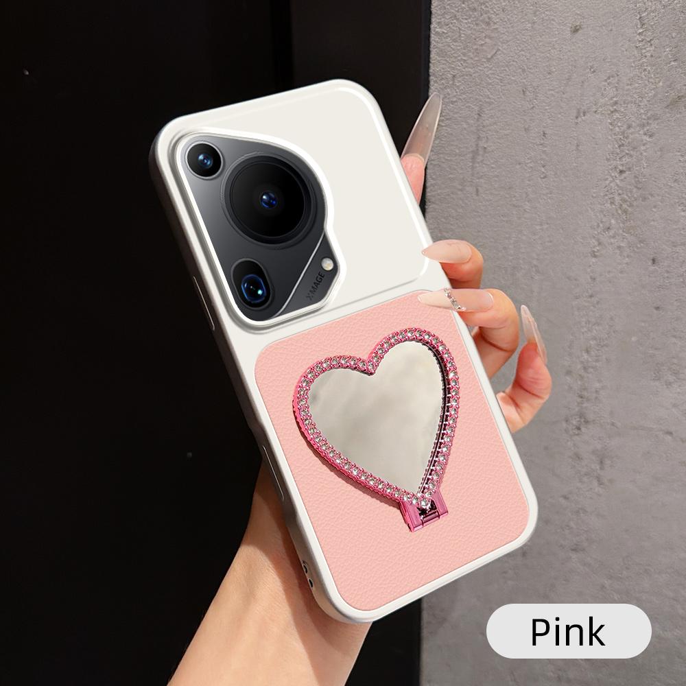 For Huawei Pura 70 Ultra Lambskin Series Skin Feel Shockproof Phone Case with Heart Mirror Holder(Pink)