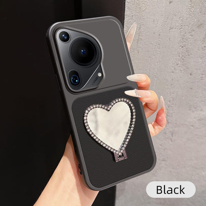 For Huawei Pura 70 Ultra Lambskin Series Skin Feel Shockproof Phone Case with Heart Mirror Holder(Black)