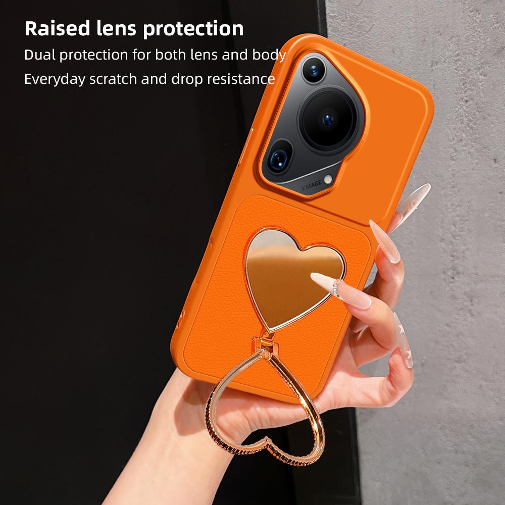 For Huawei Pura 70 Ultra Lambskin Series Skin Feel Shockproof Phone Case with Heart Mirror Holder(Black)